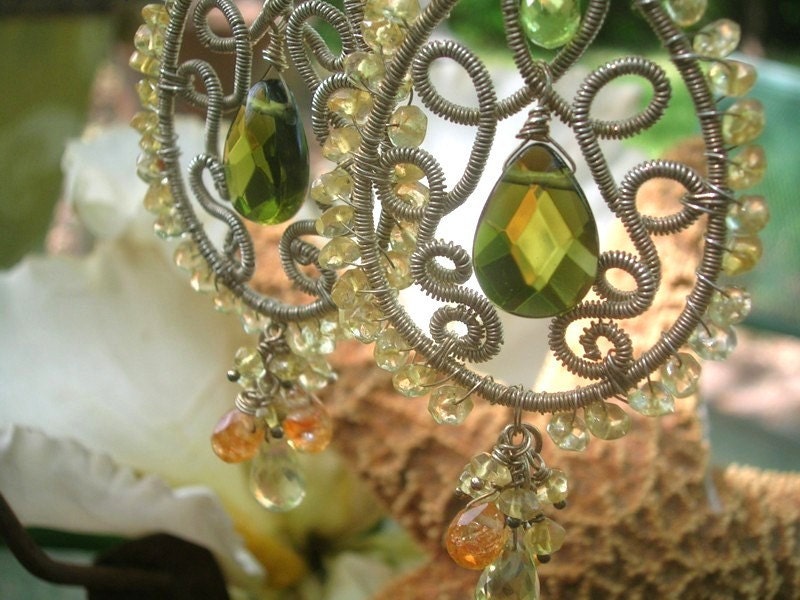 EARTHLY PLEASURES - Sterling Earrings - Peridot, Lemon Topaz, Smokey Green Quartz, Citrine
