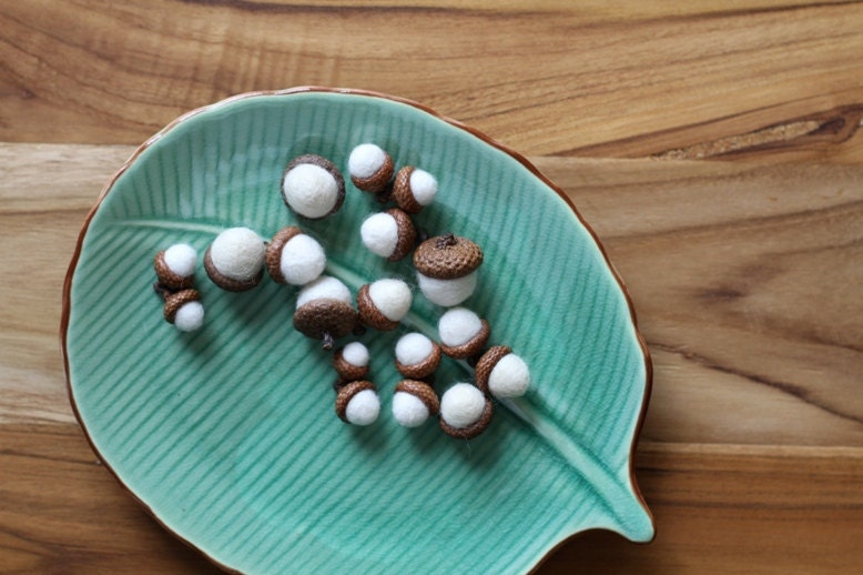 5 White Felted Acorns