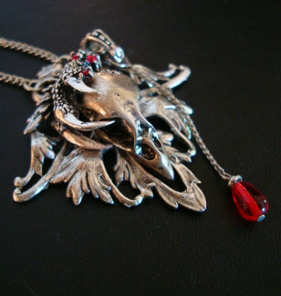GOTHIC PREDATOR, Bird Skull, Claw, Blood Drops, Rubies, Unique Silver Necklace With Freak Appeal