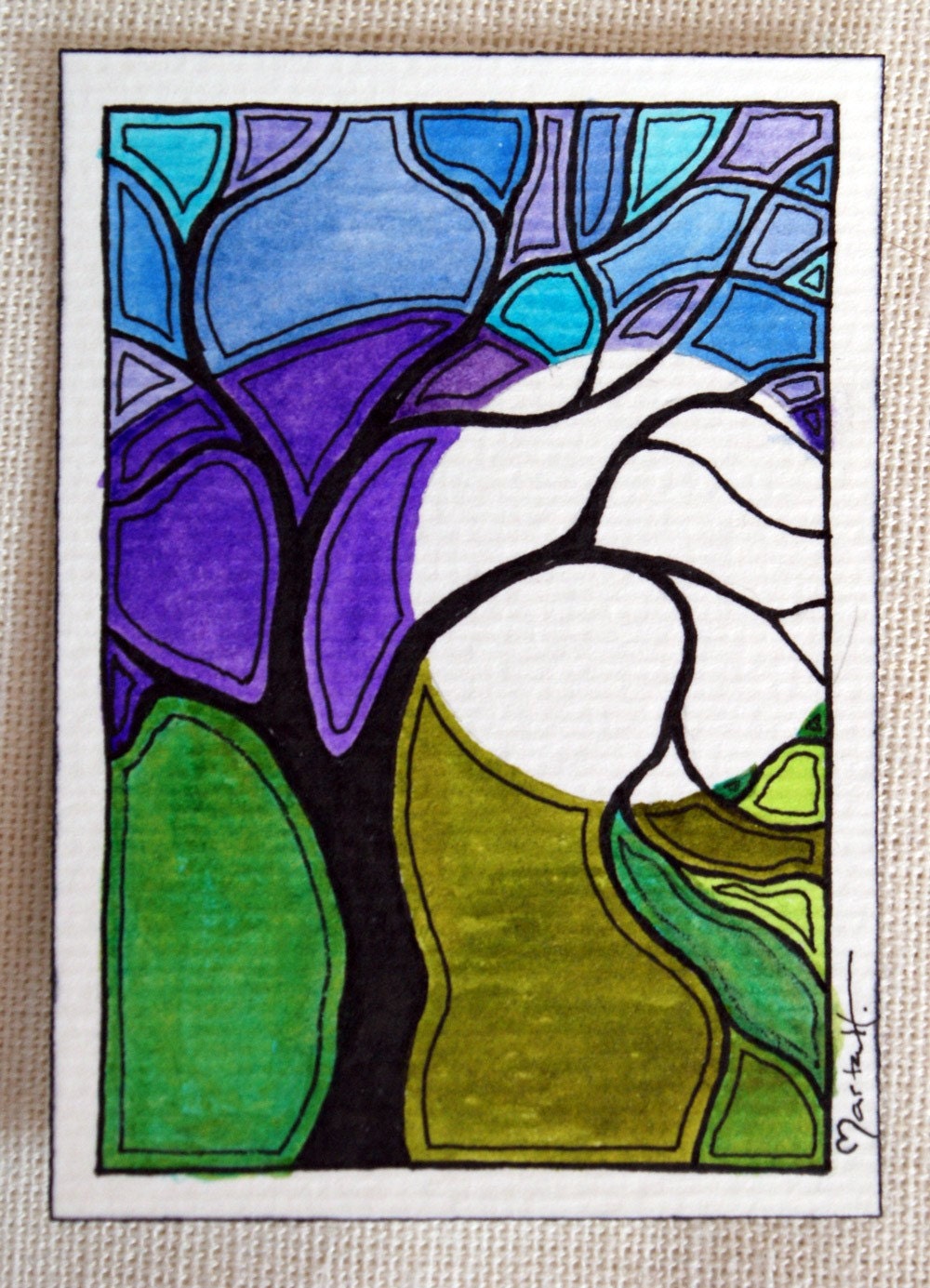 Original art ACEO Shimmering Watercolor Tree with Falling Moon Purple Hill