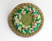 Floral Wreath Brooch - Pin - Hand Embroidered Green Felt