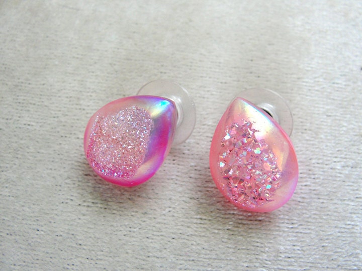 Light Pink Genuine Druzy Quartz Drop Post Earrings - OOAK