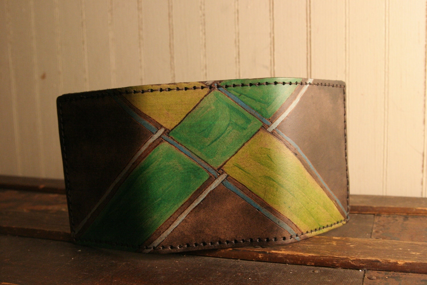 Leather Trifold Wallet - Plaid in Green and Antique Black - Clarke Pattern