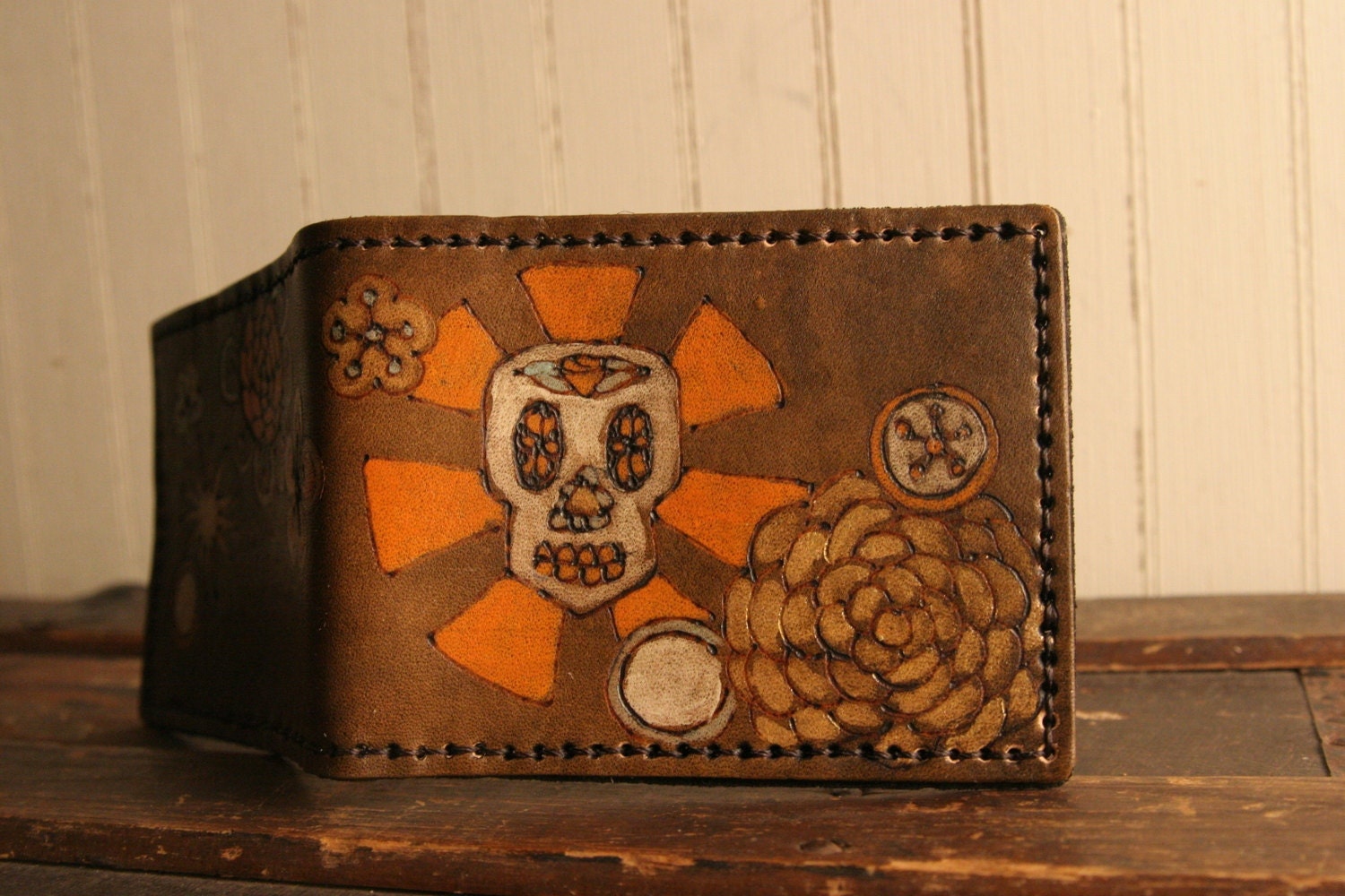 Leather Bifold Wallet - Byzantine pattern with skull in orange, white, gold, sage and antique brown
