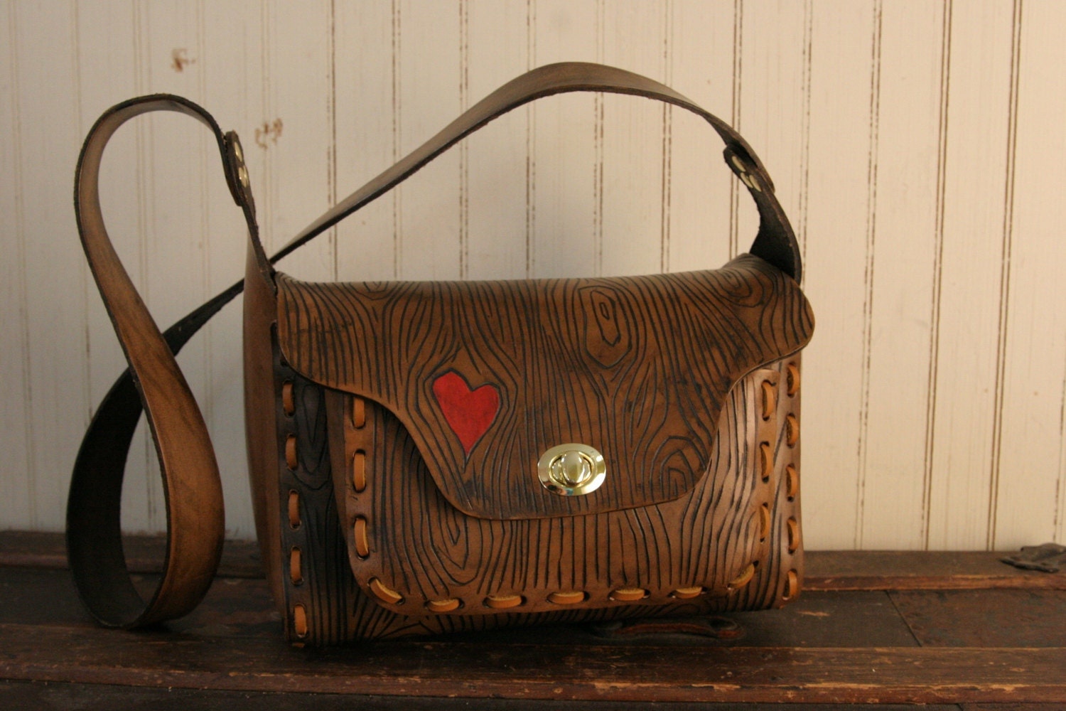 Leather Purse or Handbag - Red and Antique Brown - Nice Pattern with Heart and Wood Grain