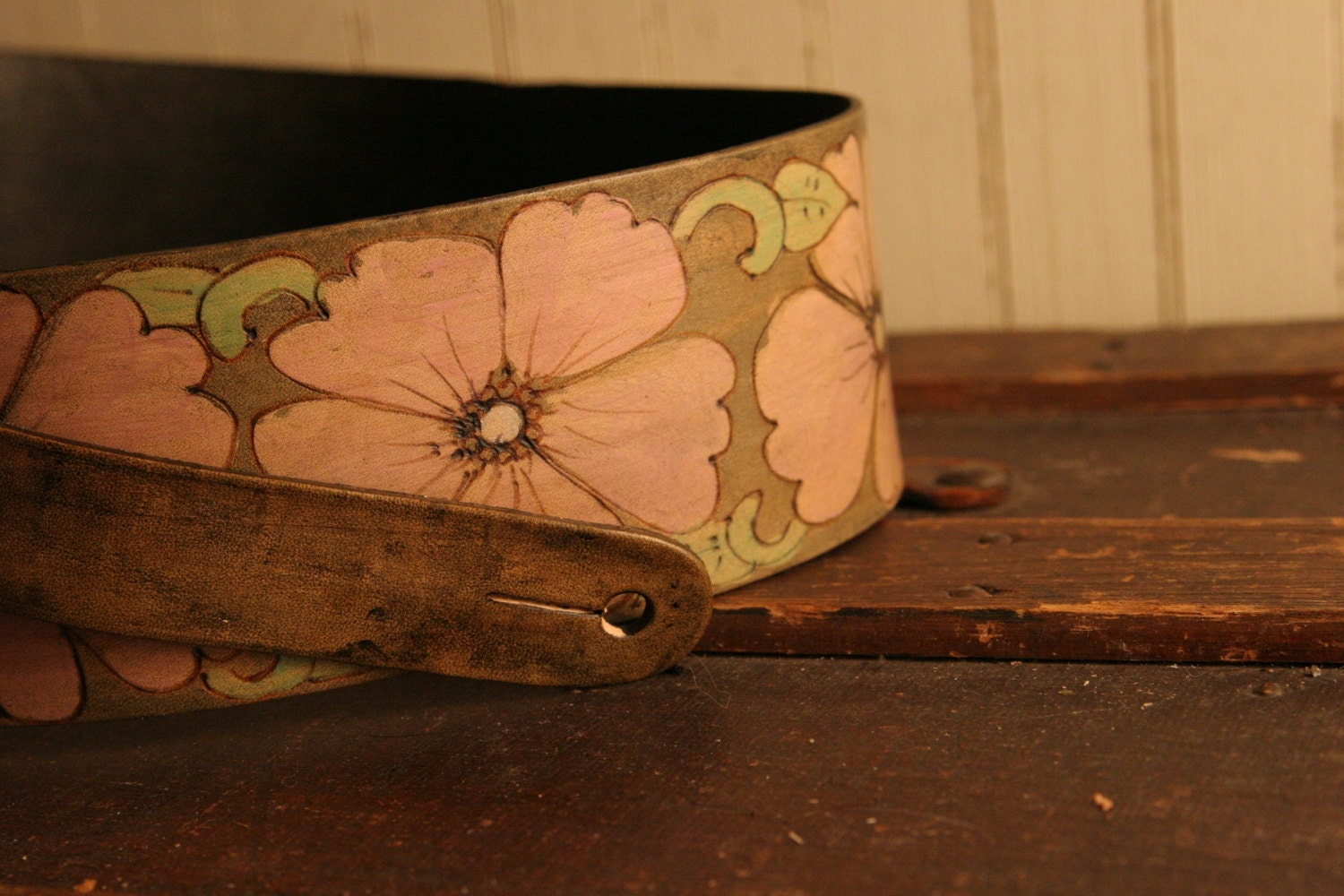 Leather Guitar Strap - Pink, Green and Antique Brown - Belle pattern with flowers