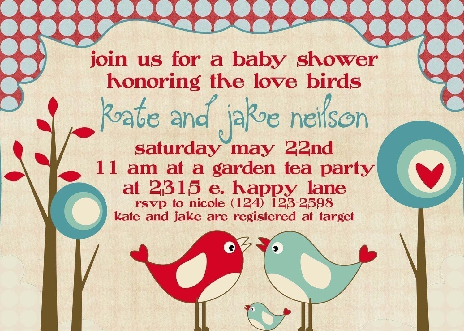 Baby Shower Invitation -- Bridal Shower or Couples Shower -- Love Birds
