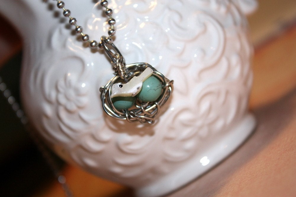 Wire wrapped necklace with Mama Bird and her nest pendant and silver ball chain by the Paisley Moon on Etsy