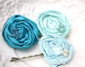 Bridesmaid hair accessory, hair clips, Set of satin fabric flower posie bobby pins in aqua turquoise and teal - circus wedding