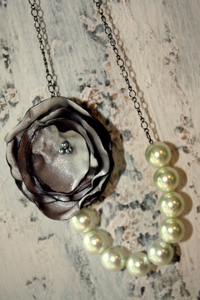 Pearl necklace, Gray fabric flower necklace, Charcoal gray and pearl bridesmaid statement necklace