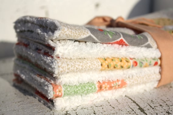 Chenille burp cloths for baby girl, in vintage quilt print flannel and creamy white, chenille baby girl burpcloths, newborn girl gift