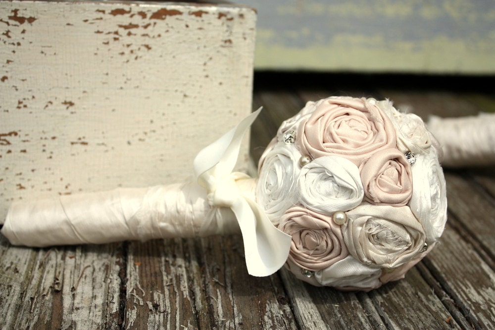 Champagne and Ivory Fabric flower bridal bouquet, 4" rolled rosette custom rosette wedding bouquet
