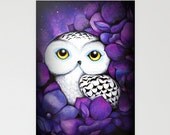Snowy Owl in Purple Flowers - Night Owl - Blank All Occiasion Card