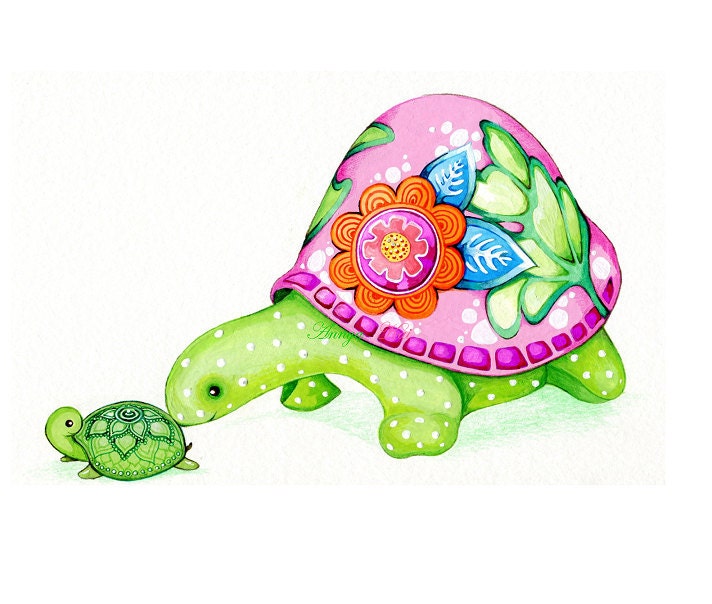 Mom and Baby Turtle - Spring Pink Green Art - Painting Print by Annya Kai