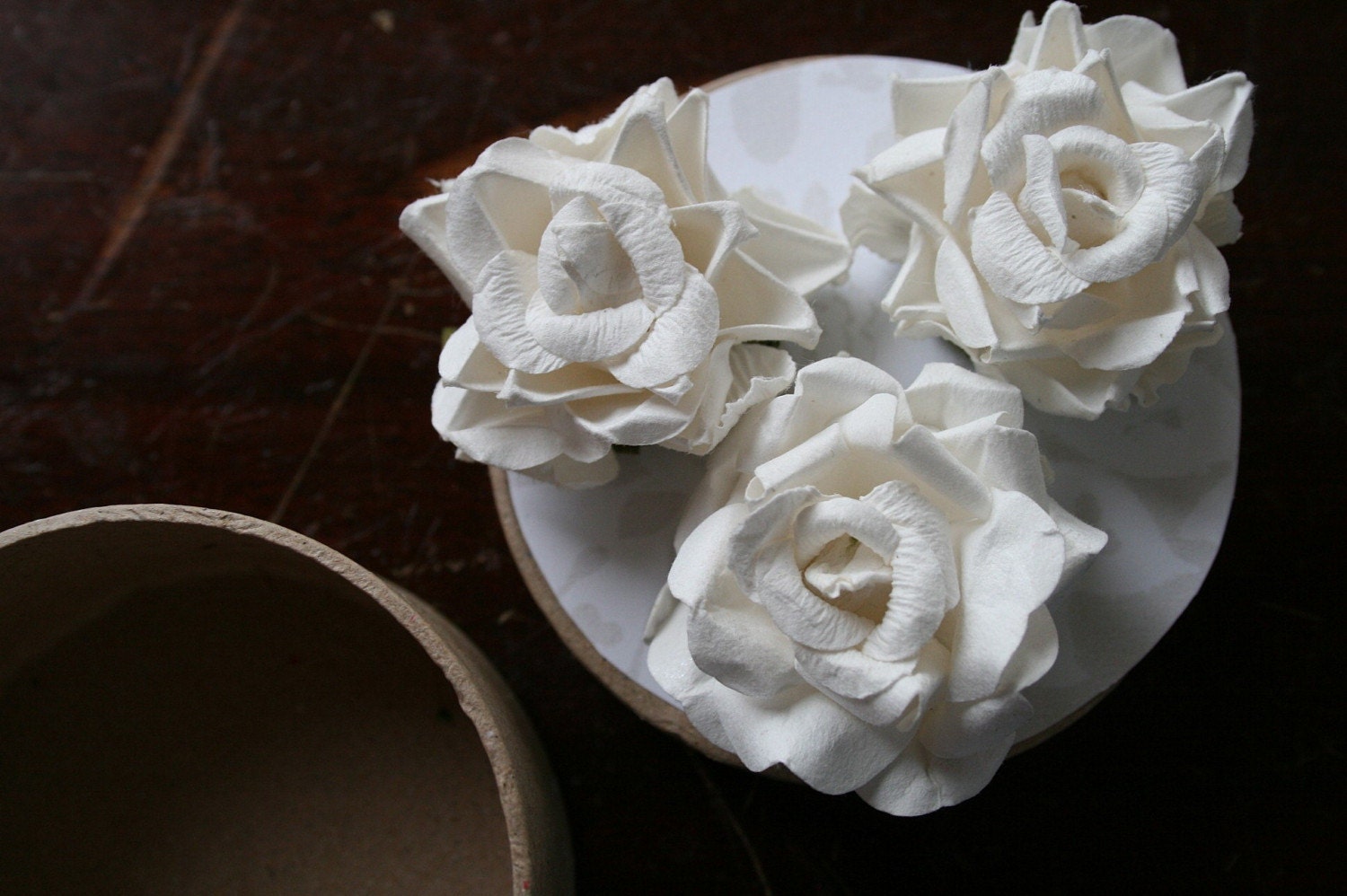 white paper rose shabby chic magnets, set of 3, with matching box 
