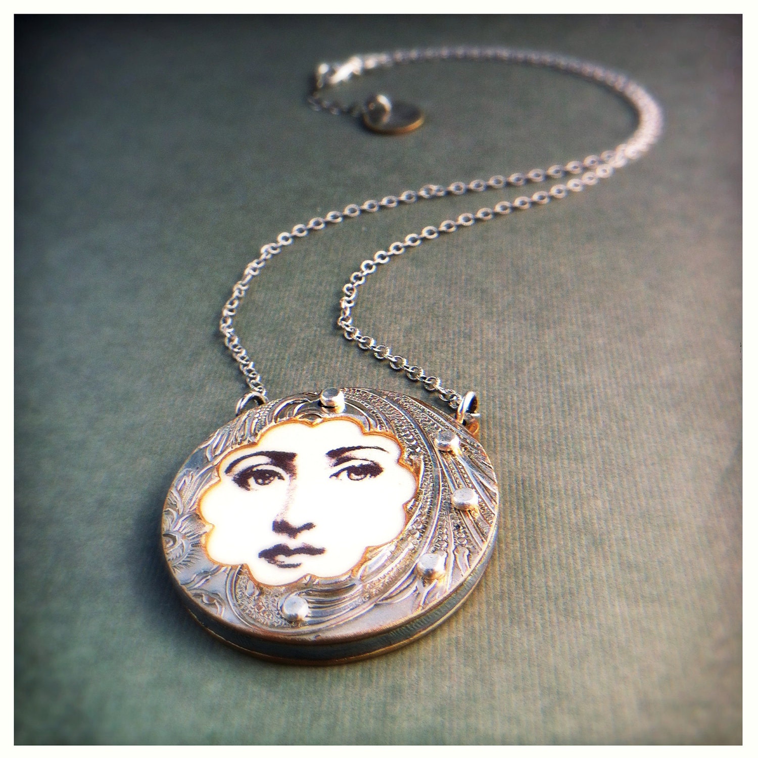 Fornasetti Print Necklace - Lina Cavalieri Face Pendant - Handmade Upcycled Jewelry By Roia O'Brien