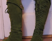 Fairy Princess ELF BOOTS pointy toe knee high moss green with flowers on back Order your size