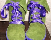 Forest Elf Moss Green Elf Boots/Handmade moccasins purple leather soles satin laces vine detail  order your size