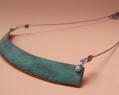 Textured Curved Copper Bar Necklace - Verdigris Patina
