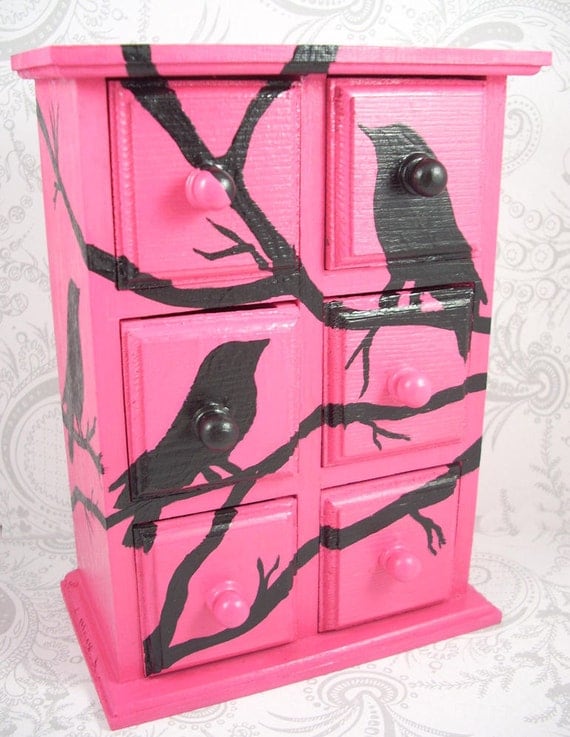 Hot Pink Black Bird Stash Jewelry Box