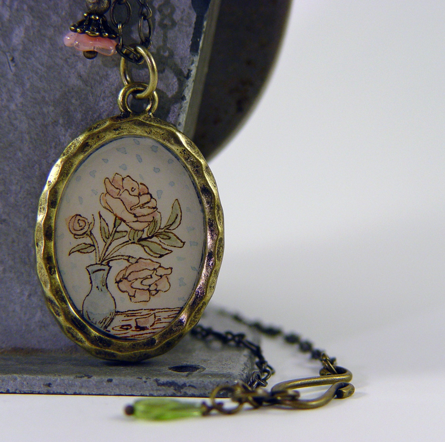 Pink Peonies in Vase Hand Painted Necklace