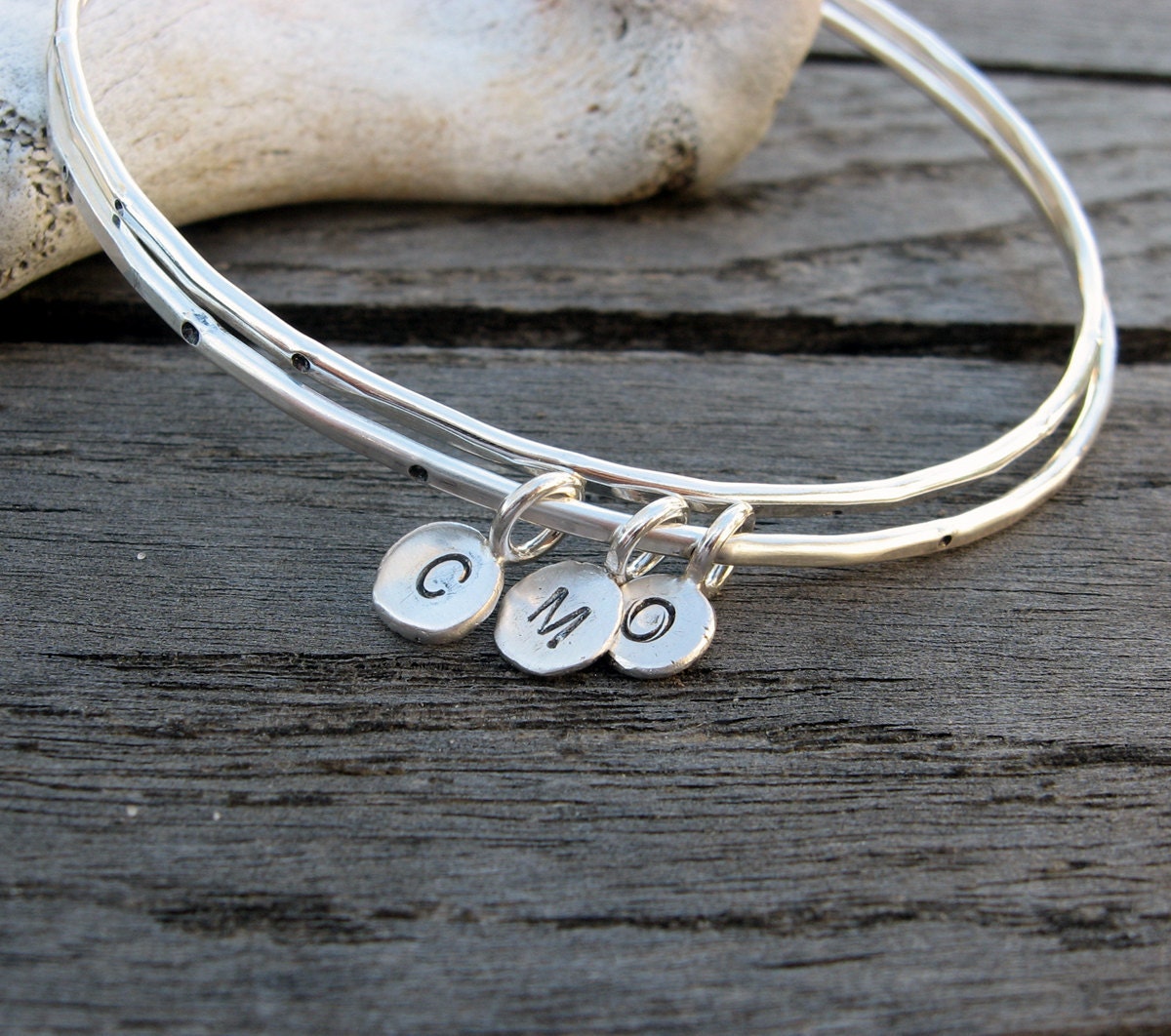 Personalized sterling silver bangle with silver initial tag by VisionQuest