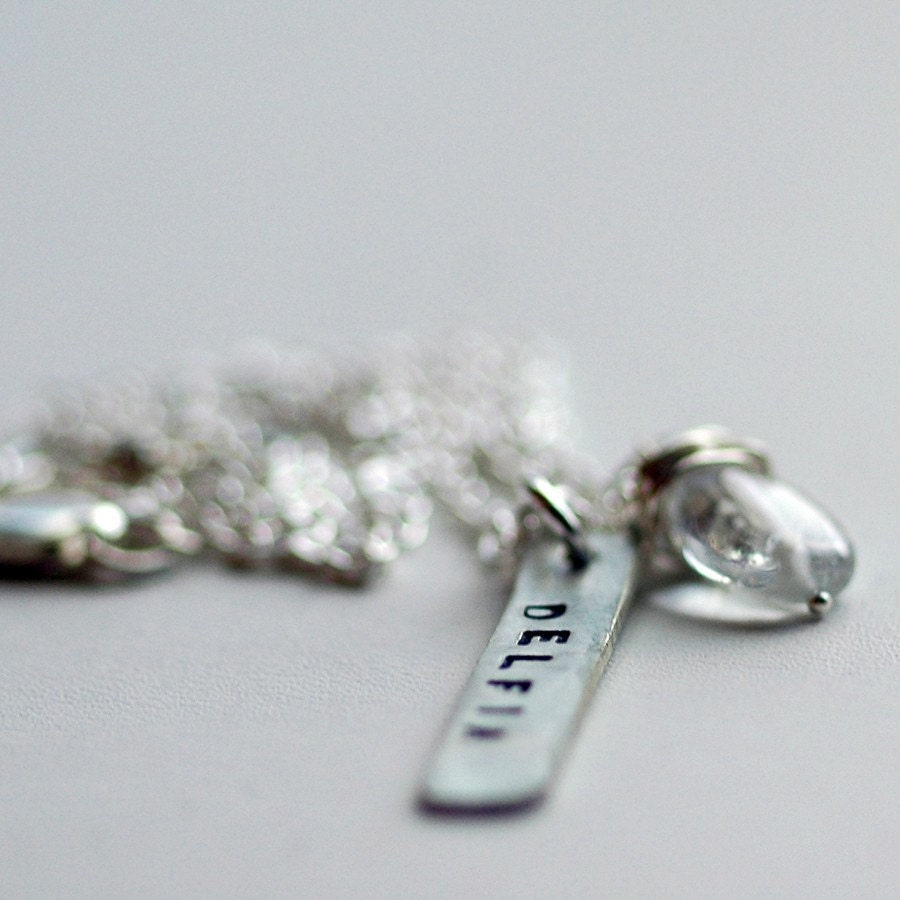 Silver Handstamped Necklace - Stamped bar and wire wrapped gemstone - Custom and Personalized - Recycled sterling silver chain