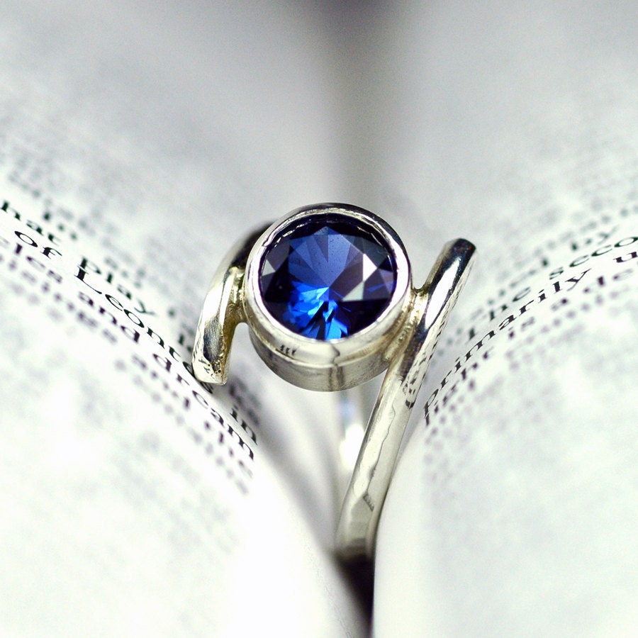 Blue Sapphire Engagement Ring - Recycled Sterling Silver - September Birthstone  - Unique Artisan Setting