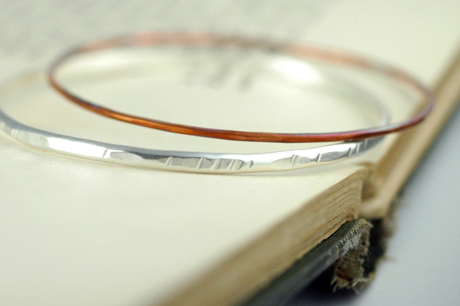 Bangle Bracelets - Sterling silver and copper - Hammered Textured - Simple Stackers - Recycled and EcoFriendly Metal - Everyday
