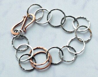 Chain Bracelet - Handcrafted Sterling Silver Circles with copper accents  - Recycled and EcoFriendly Metal - Layering Bracelet - Boho