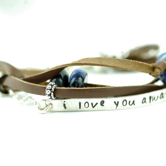 Leather and Silver Bracelet with Blue Gemstones - HandStamped Bar - Custom and Personalized - Recycled Metal - Leather Jewelry