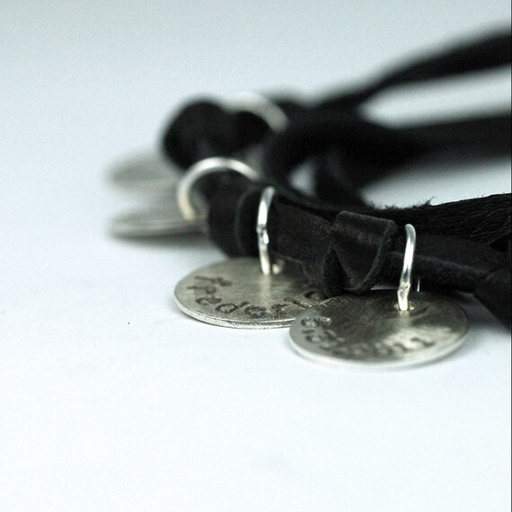 Leather Wrap Bracelet for Mom in Recycled Metal and Black Suede - Hand Stamped and Personalized - Custom- four name disks