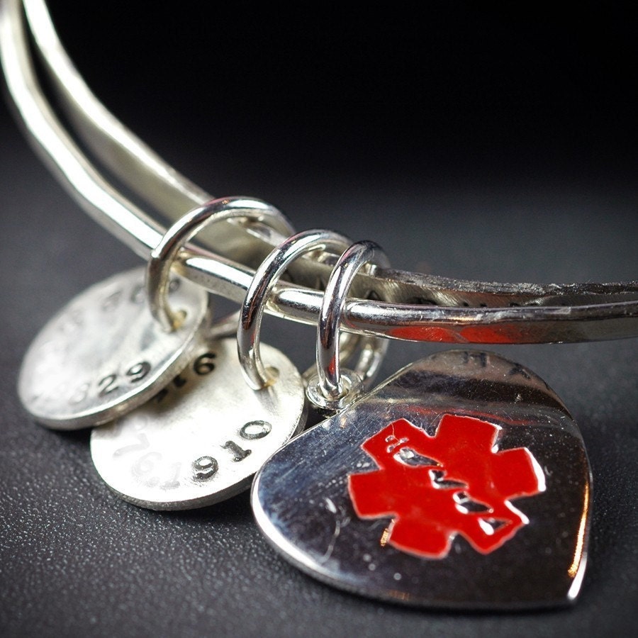 Medical Alert Bracelet - Recycled Sterling SIlver Bangle Set - Custom Hand Stamped and Personalized with Charms