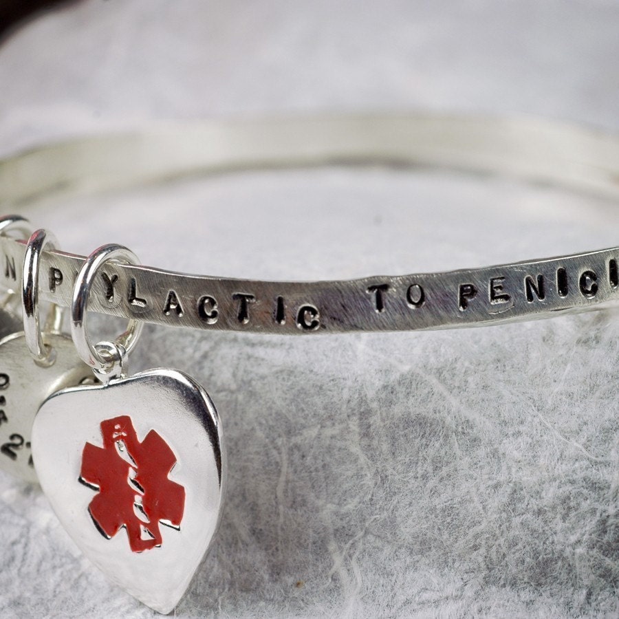 Medical Alert Bracelet - Recycled Sterling SIlver Bangle Set - Custom Hand Stamped and Personalized with Charms
