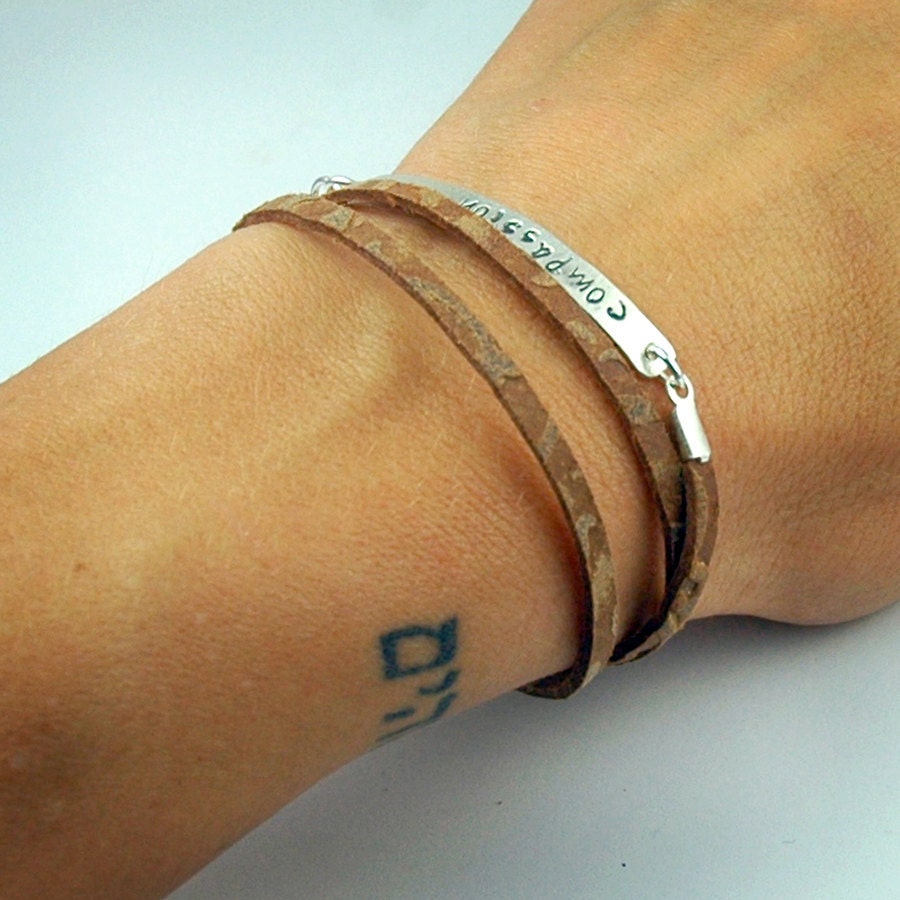 Skinny Bar Bracelet on a Leather Wrap - Custom and Personalized - Hand Stamped bar - Recycled Sterling Silver - for Compassion International