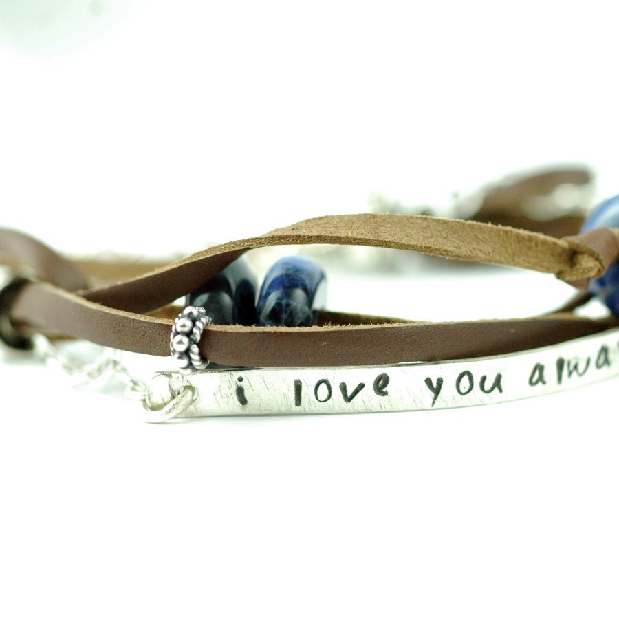 Leather and Silver Bracelet with Blue Gemstones - HandStamped Bar - Custom and Personalized - Recycled Metal - Leather Jewelry