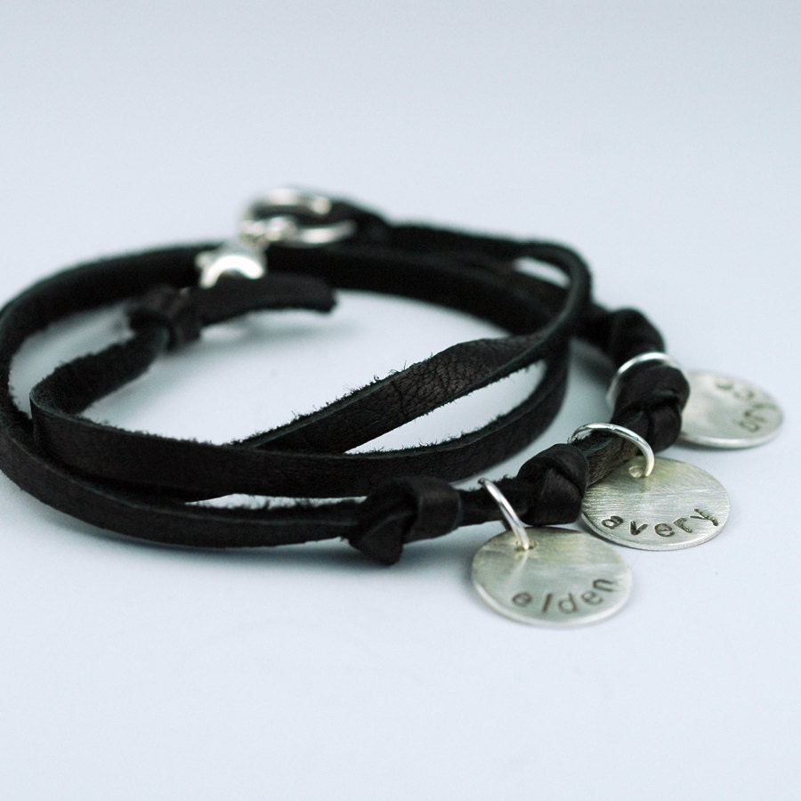 Leather Wrap Bracelet for Mom in Recycled Metal and Black Suede - Hand Stamped and Personalized - Custom- four name disks