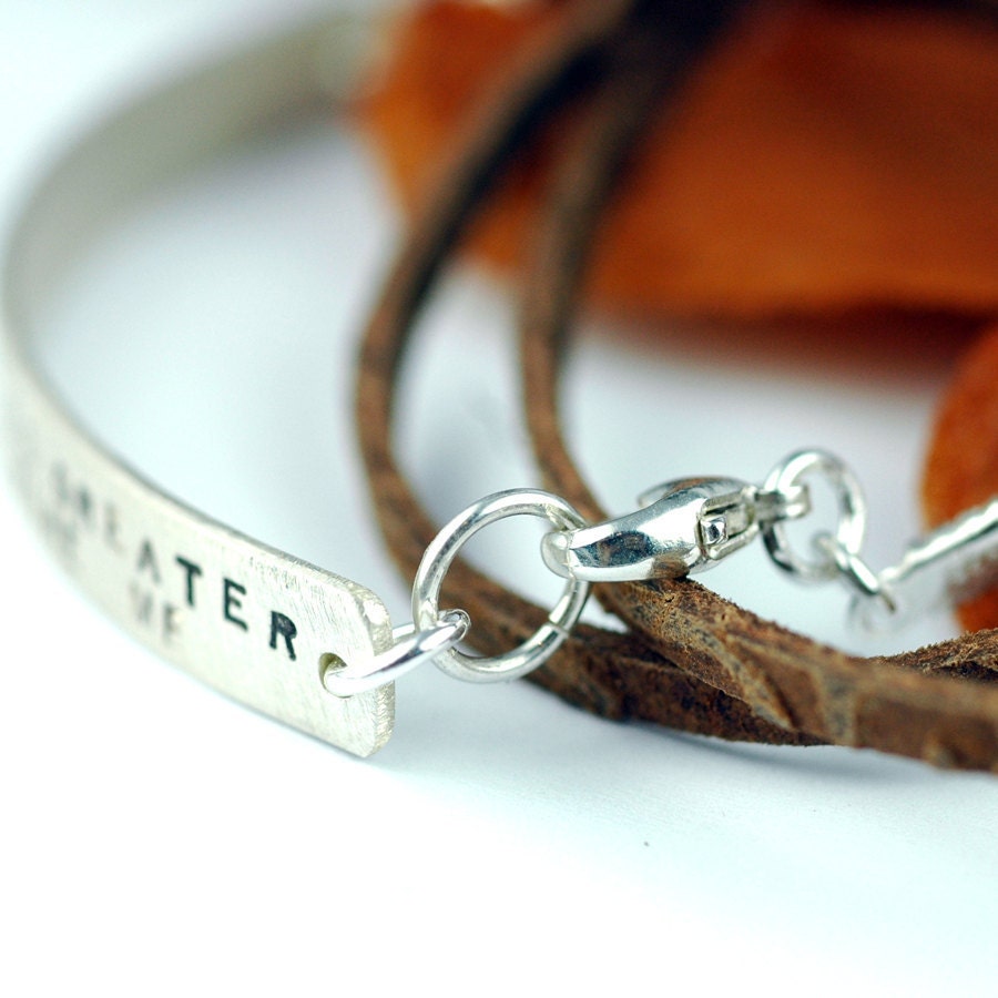 Leather Wrap Bracelet - Brown Patterned Leather - Sterling Silver Custom and Personalized HandStamped bar