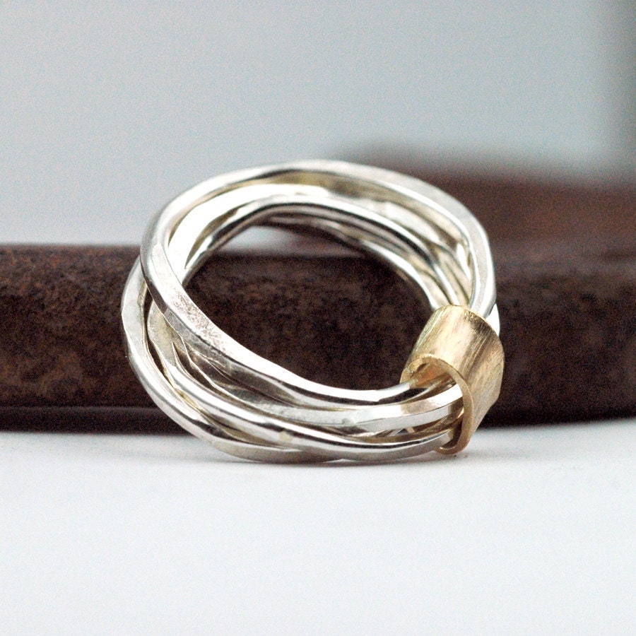 Silver stacking Rings Wrapped in Gold - Mixed Metal - Recycled  Metal - four hammered bands - LUXE and feminine - unique gift