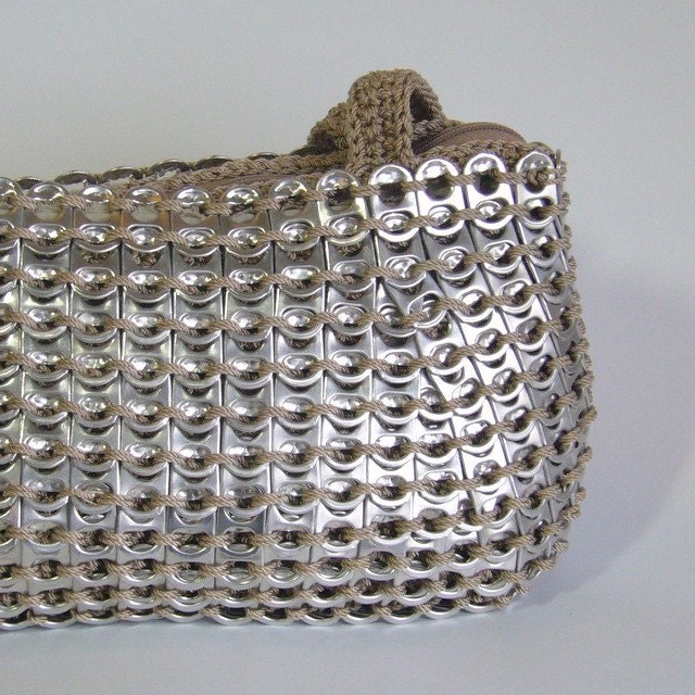 Upcycled aluminum tab purse Wide Base Medium in Beige