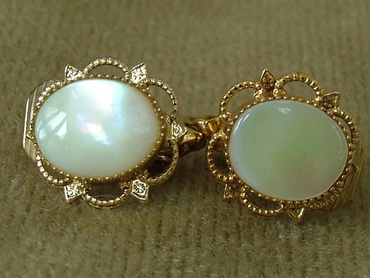 Vintage Earrings, Mother-of-Pearl, Goldtone, Clip-on, ca 1960-1970