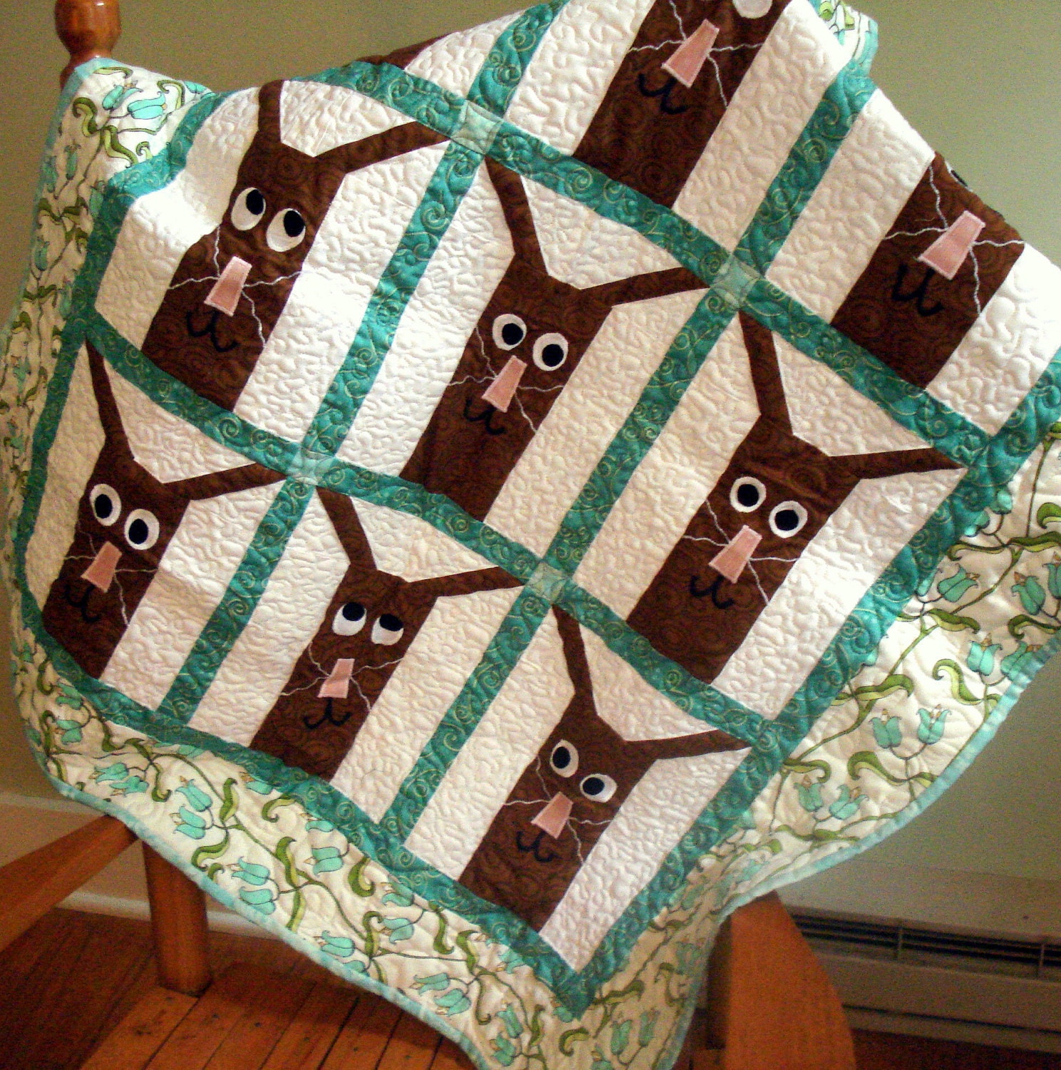 Baby Quilt with Funny Bunnies and Flowers