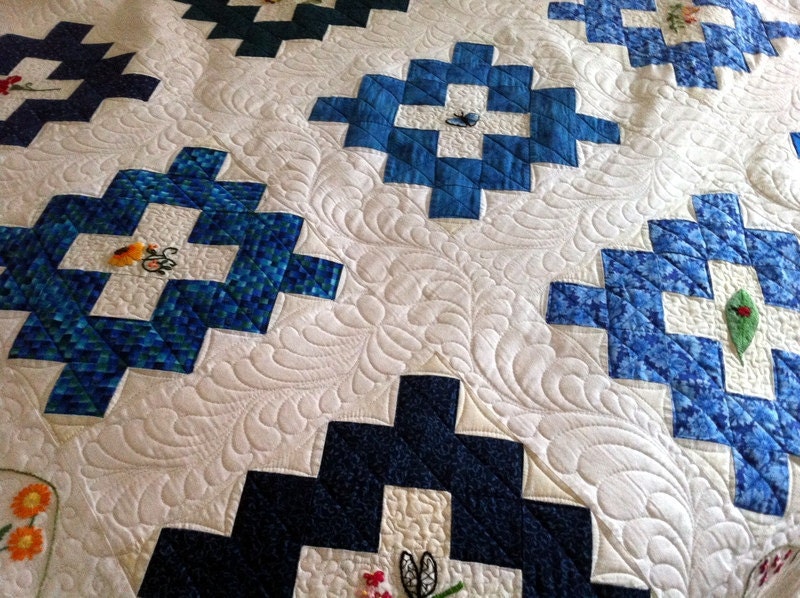 Heirloom Hand Embroidered Bed Quilt in white and blue 77" x 90"