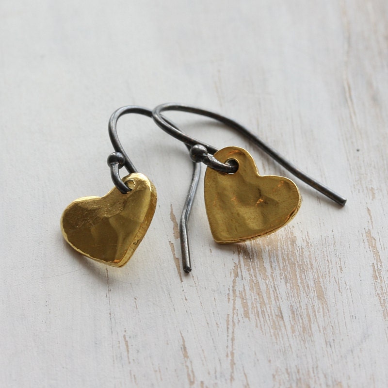 l o v e - tiny gold vermeil heart earrings with oxidized sterling silver earwires