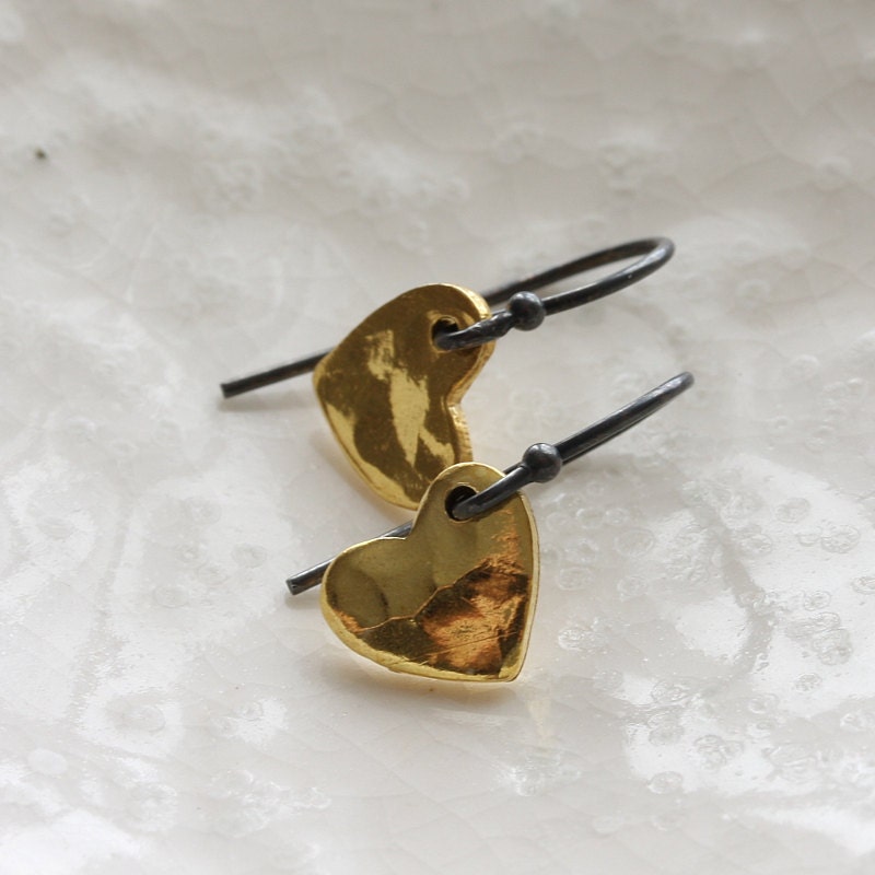 l o v e - tiny gold vermeil heart earrings with oxidized sterling silver earwires