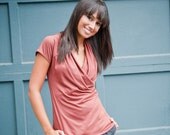 Spring faux wrap jersey top with short sleeves - women's custom made clothing