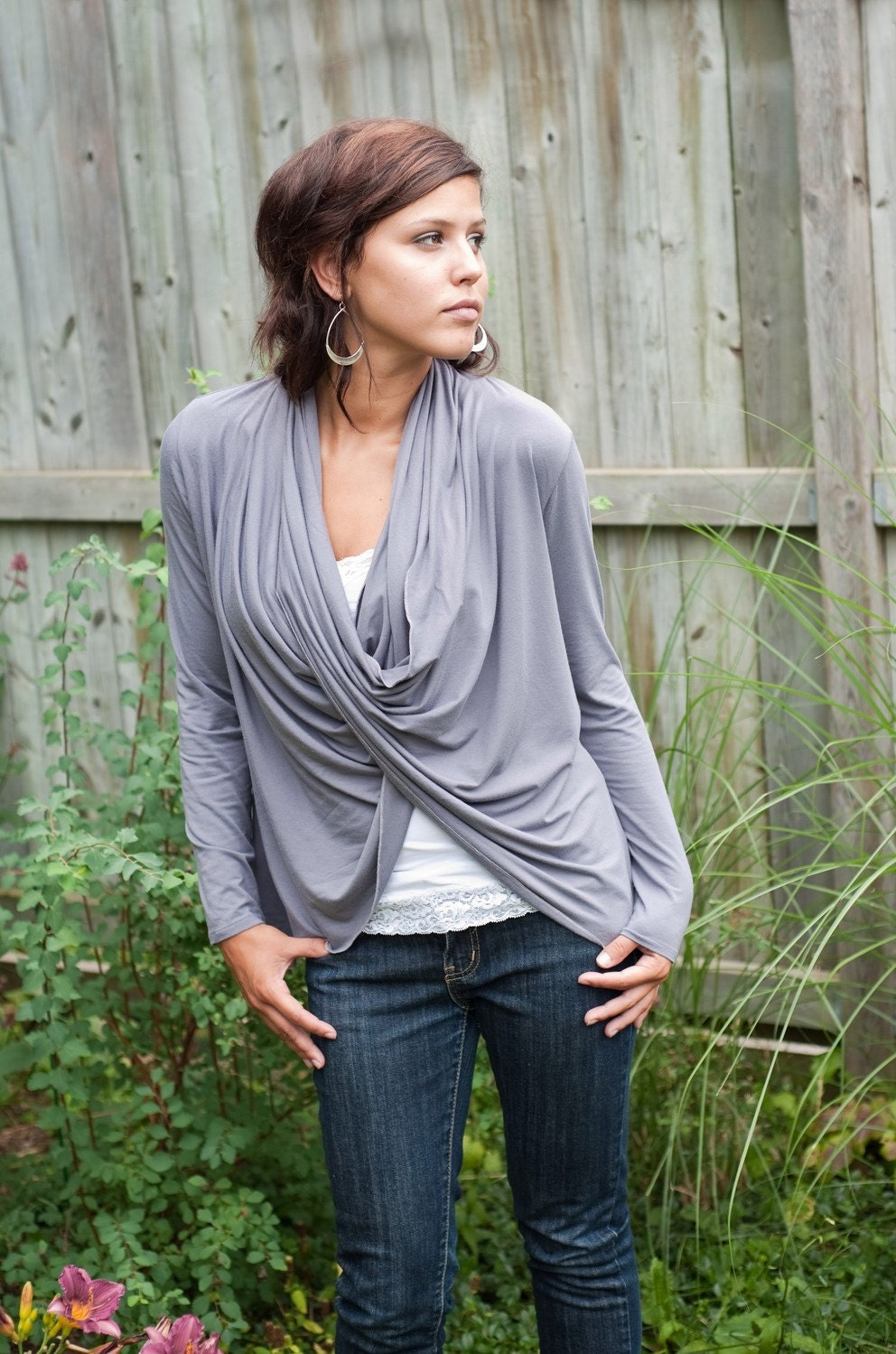 Wraparound cardigan with draped neckline in eco friendly bamboo jersey