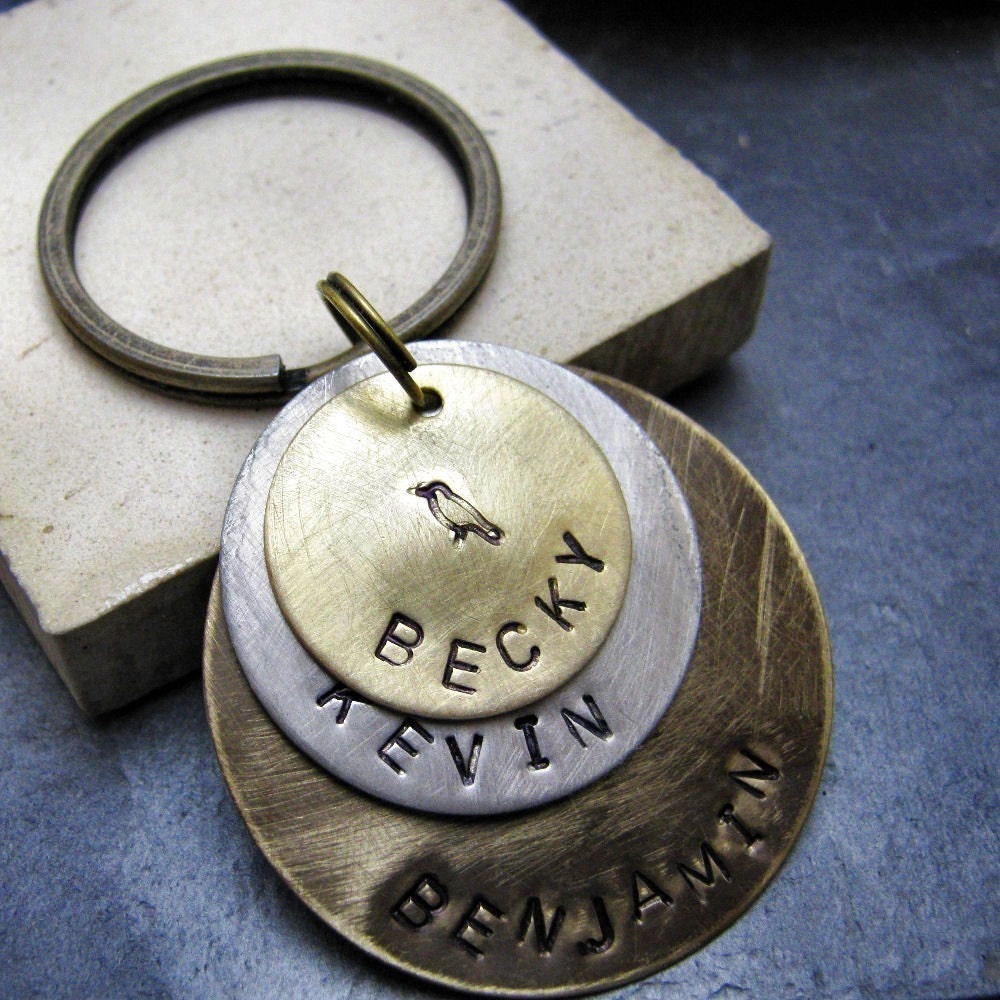 Personalized Hand Stamped Key Chain 3 Layers Customized Great for Mom or Dad Customization with 5 metal choices Option 5 is main picture