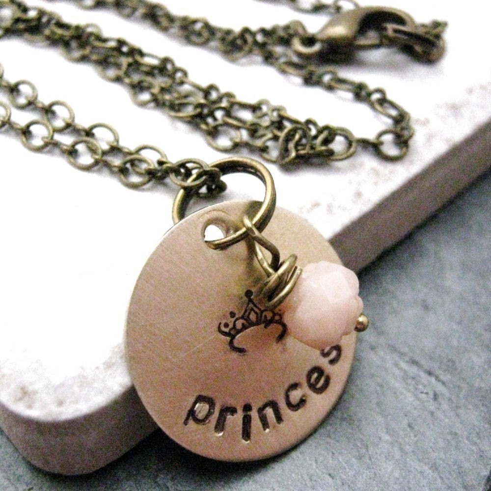 Princess Brass Hand Stamped Metal Necklace with pale rose accent bead, tiara, customizable or ready to ship as is
