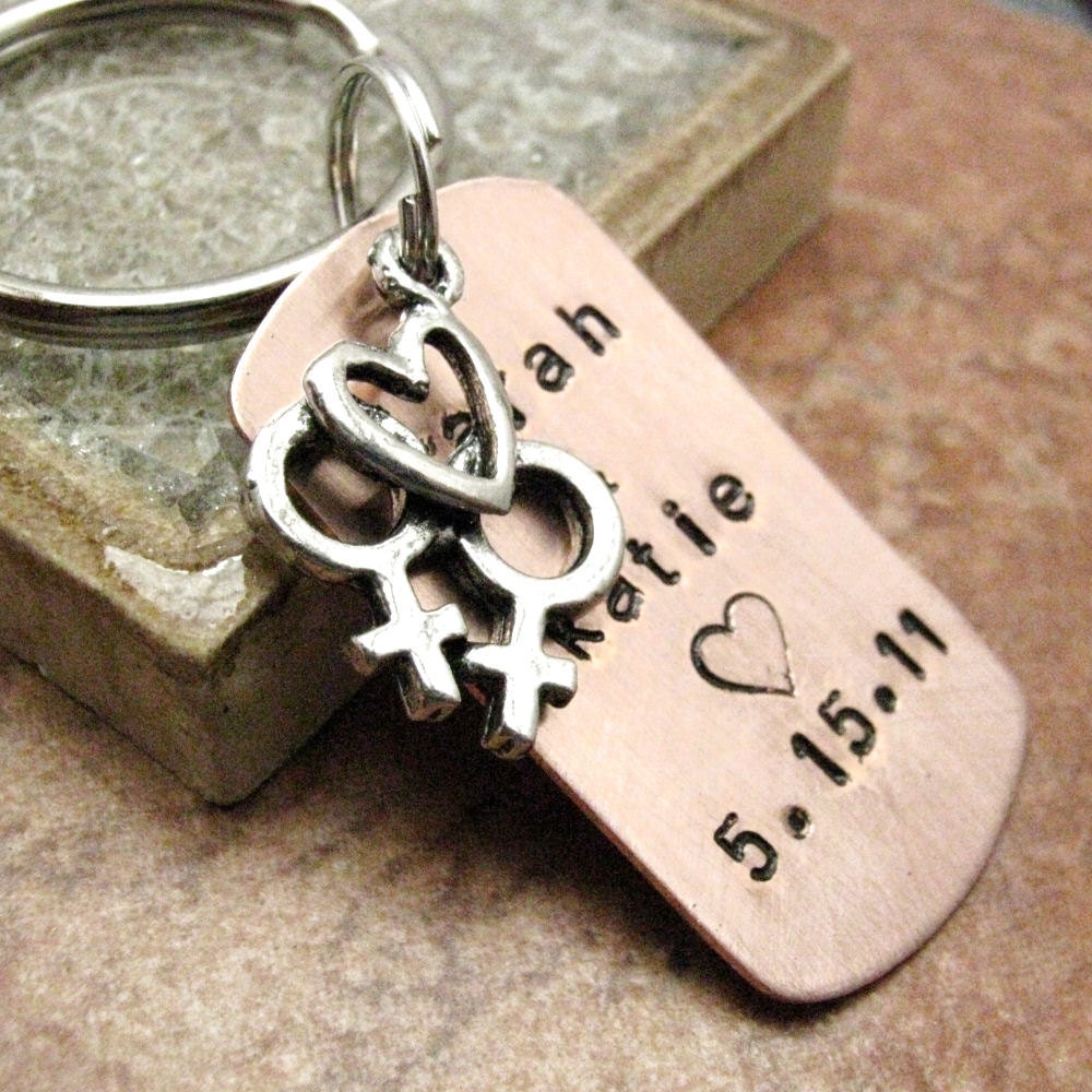 Personalized Lesbian Wedding Key Chain, Copper Dog Tag, silver split ring attached or lobster clasp avail, women